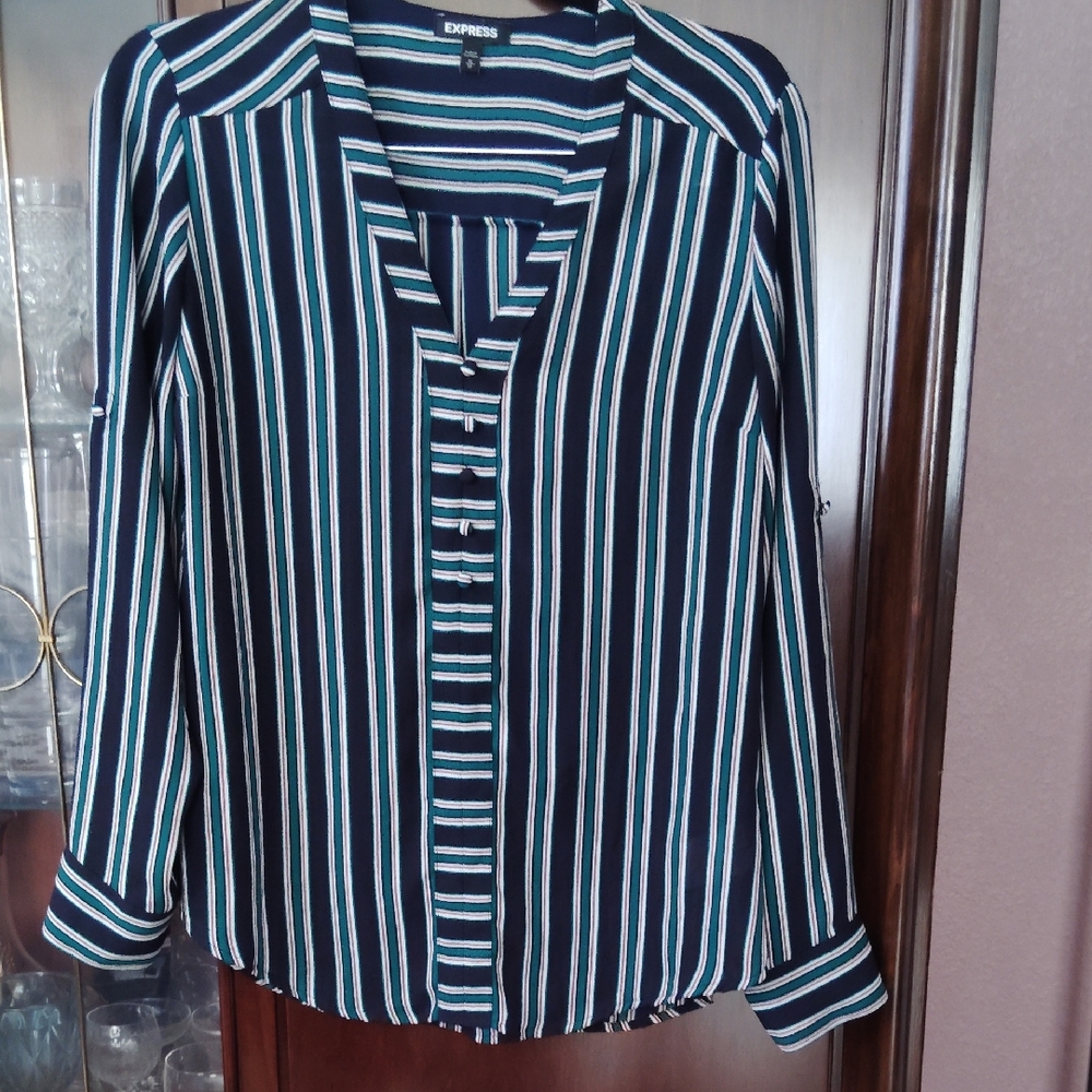 Express Women's Navy and White Striped Blouse